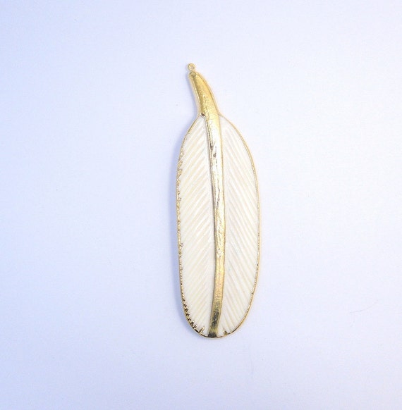 Bone Feather Pendant-- Extra LARGE White Carved Bone Feather Pendant with 24k Gold Electroplated Trim (S35B6-10)