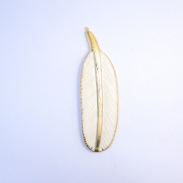 Bone Feather Pendant-- Extra LARGE White Carved Bone Feather Pendant with 24k Gold Electroplated Trim (S35B6-10)