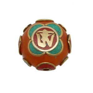 Tibetan Bead - Large Tibetan Bead with OM Accent - Amber Resin with Turquoise Brass and Red Copal (S121B8-07)