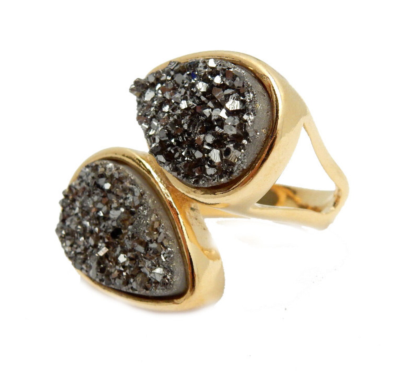 Beautiful Double Black Diamond Teardrop Druzy Gold Plated Ring Etsy