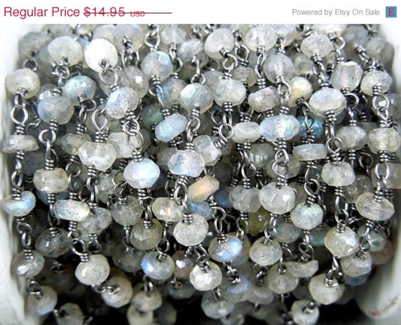 Labrodorite Wire-Wrapped Chain- CHN-306 Rosary style Black Polish Sterling Silver Chain- 10 FEET