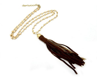 Tassel Necklace - Brown Leather with Beaded Accents Tassel and Chain