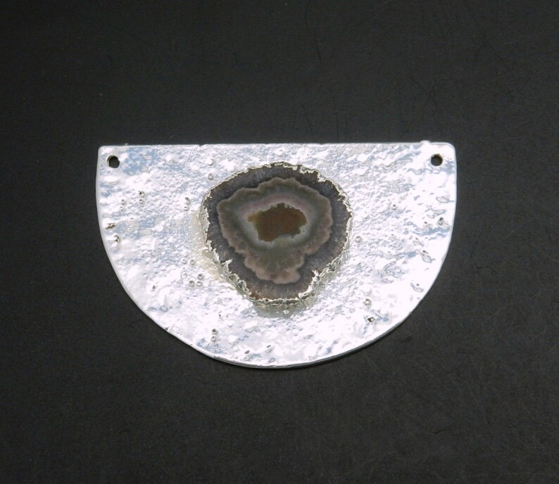 S110B2-09 Half Moon Double Bail Pendant with Amethyst Stalactite Accent Electroplated Silver