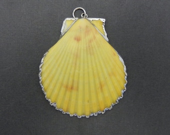 Op de afbeelding: Een gele schelp hanger met een zilveren rand. De schelp heeft een natuurlijke, licht getextureerde oppervlak.