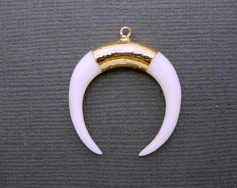 White Bone Crescent Double Horn Pendant with 24k Gold Electroplated Trim and Bail (S14B14-10)