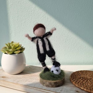 Needle Felted Soccer Player, Black and White Jersey, Handmade Sports Decor