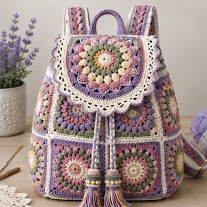 May include: A crochet backpack featuring a multi-coloured granny square pattern in shades of lavender, sage green, cream, and soft pink. The bag has a circular mandala-style flap, a drawstring closure with braided tassels, and adjustable shoulder straps.