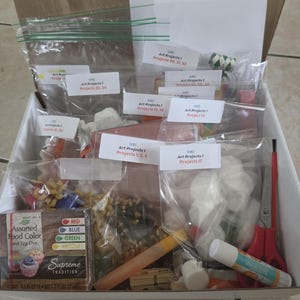May include: A white cardboard box containing multiple clear plastic bags filled with various craft supplies. Each bag has a white label reading MKE Art Projects I followed by specific project numbers. A box of Supreme Tradition assorted food color and egg dye, a glue stick, and red-handled scissors are included.