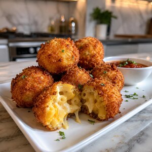 May include: A pile of golden-brown fried macaroni and cheese balls on a white rectangular plate. One ball is split open to reveal a creamy, melted cheese and pasta interior. A small white bowl of red tomato-based dipping sauce sits nearby.
