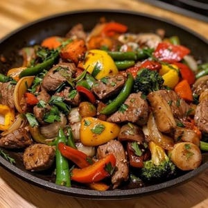 May include: A stir-fry dish in a black pan containing seared beef chunks, bright yellow and red bell pepper slices, green snap peas, broccoli florets, and sliced onions, all garnished with fresh green herbs and cooked in a savory sauce.