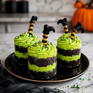 May include: Three layered desserts in clear cylindrical containers, featuring alternating bands of dark chocolate cake and vibrant lime green frosting, topped with edible green sprinkles and decorative black and orange striped witch legs.