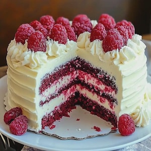 Può includere: Una torta red velvet a più strati con glassa al formaggio cremoso bianco, guarnita con lamponi rossi freschi. Una grande fetta è stata rimossa, rivelando gli strati alternati di torta rosso intenso e spessa glassa bianca all'interno.
