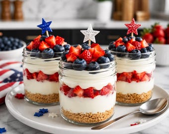 Red White and Blue No Bake Cheesecake Jars PDF, Patriotic Dessert Recipe, Berry Cheesecake Cups, Summer Party Dessert.