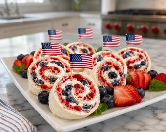 Receta de rollitos de queso crema patrióticos en PDF / Postre festivo de verano / Delicia para fiestas rojas, blancas y azules / Guía fácil para hornear hojaldre
