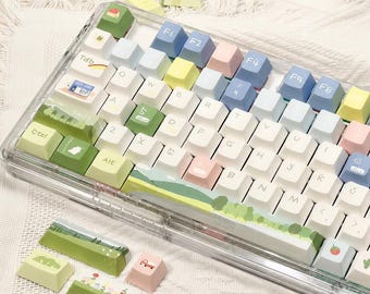 Zestaw nakładek klawiszy Spring Nature, 120 klawiszy, profil PBT Cherry, klawiatura mechaniczna Cottagecore Forest, pastelowa zieleń, ISO ANSI