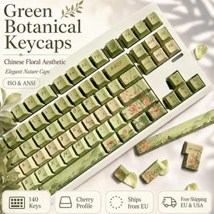 Botanical Keycap Set 140 Keys PBT Cherry Profile, Chinese Floral Green Mechanical Keyboard, Elegant Nature Garden ISO ANSI