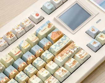 Cottagecore Keycap Set, Bear PBT Keycaps Cherry Profile, Backlit Mechanical Keyboard Keycaps, Cute Pastel ISO ANSI 120 Keys