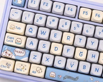 Blue Cat Keycap Set, Kawaii Kitten PBT Keycaps MOA Profile, Pastel Cream Mechanical Keyboard ANSI, 149 Keys