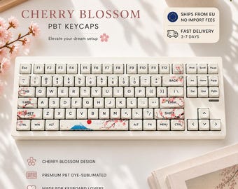 Set di tasti Cherry Blossom a 131 tasti con profilo moa, in PBT, per tastiera meccanica ISO/ANSI, con design estetico rosa e bianco.