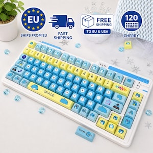 Cute Blue Cat Keycaps 120 Keys, Kawaii PBT Cherry Profile Keycap Set for ISO ANSI Keyboard, Blue Yellow Aesthetic Caps