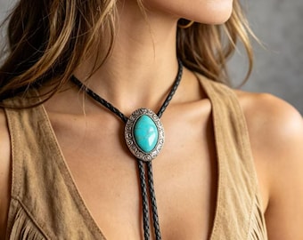 Cravate Bolo vintage disque ovale turquoise, collier Bolo du sud-ouest, tressé noir Boho, cow-girl tribal bijoux personnalisés unisexe