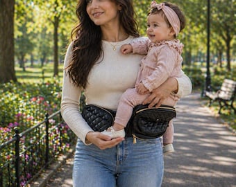 Quilted Leather Hip Seat Baby Carrier Ergonomic Waist Stool with Storage & Bottle Holder Luxury Vegan Leather Infant Seat for Travel