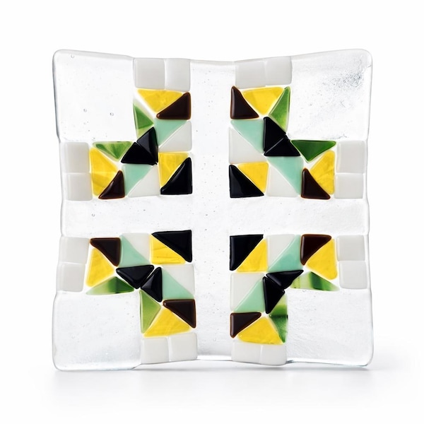 Piatto a croce in vetro fuso / Vassoio portaoggetti in mosaico color terra / Decorazione fatta a mano nel New Mexico