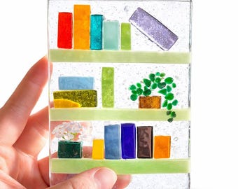 Handmade Fused Glass Bookshelf Art, Kiln-Formed COE 90 Glass Display