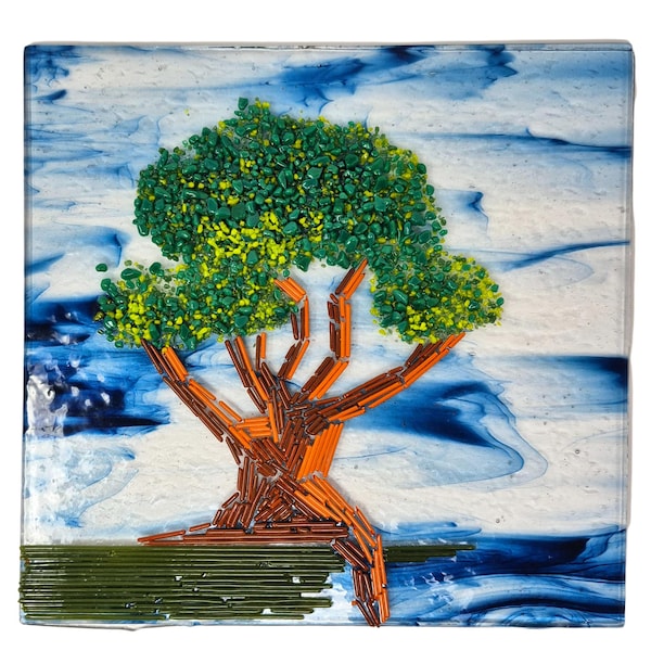 Decorazione murale a forma di albero in vetro fuso: pannello paesaggistico fatto a mano, arredo naturalistico