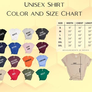 May include: A color and size chart for unisex shirts. The chart displays various shirt colors, including black, white, and navy, with measurements in inches. Sizes range from S to 3XL, with chest measurements from 36" to 56" and lengths from 28" to 33".