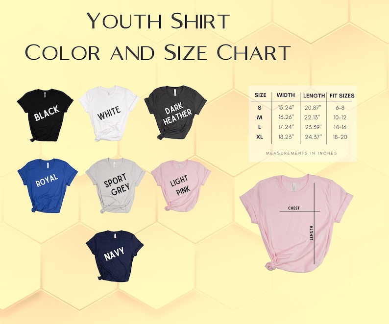 May include: A youth shirt color and size chart. The chart displays various t-shirt colors, including black, white, dark heather, royal blue, sport grey, light pink, and navy. Measurements are in inches, with sizes ranging from S to XL.
