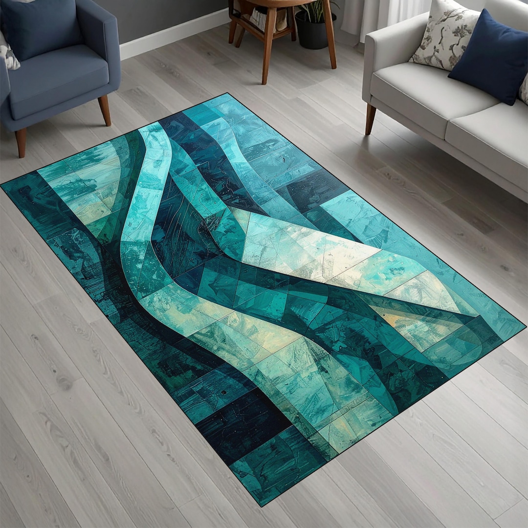 Abstract Teal Area Rug, Modern Geometric Living Room Rug, Turquoise ...
