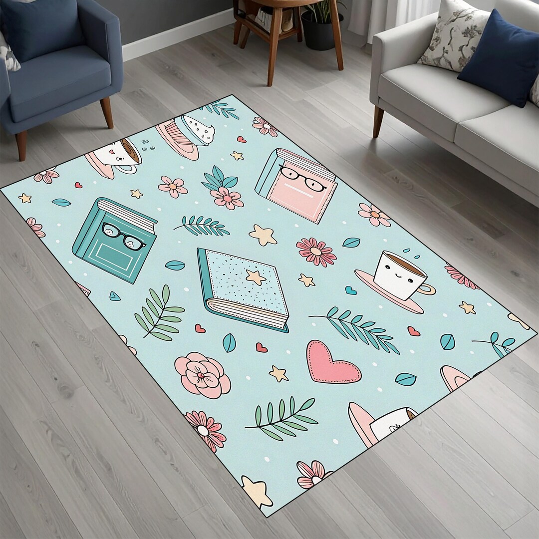 Floral Heart Pattern Rug, Kawaii Book Lover Area Rug, Pastel Teen Girl ...