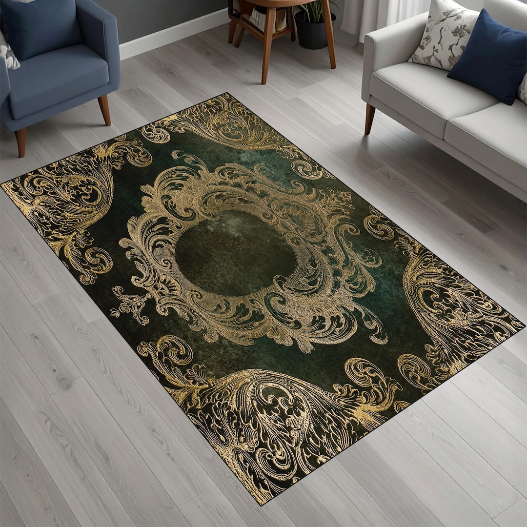 Luxury Emerald Green & Gold Rug, Vintage Baroque Area Rug, Classical ...