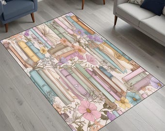 Alfombra para amantes de los libros, alfombra vintage floral para biblioteca, decoración acogedora para el rincón de lectura.