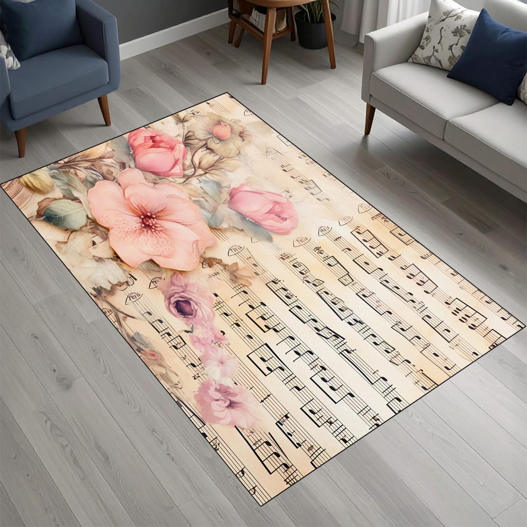 Coquette Rug Coquette Rug With Roses and Music, Soft Girl Room Decor, Antique Sheet ...