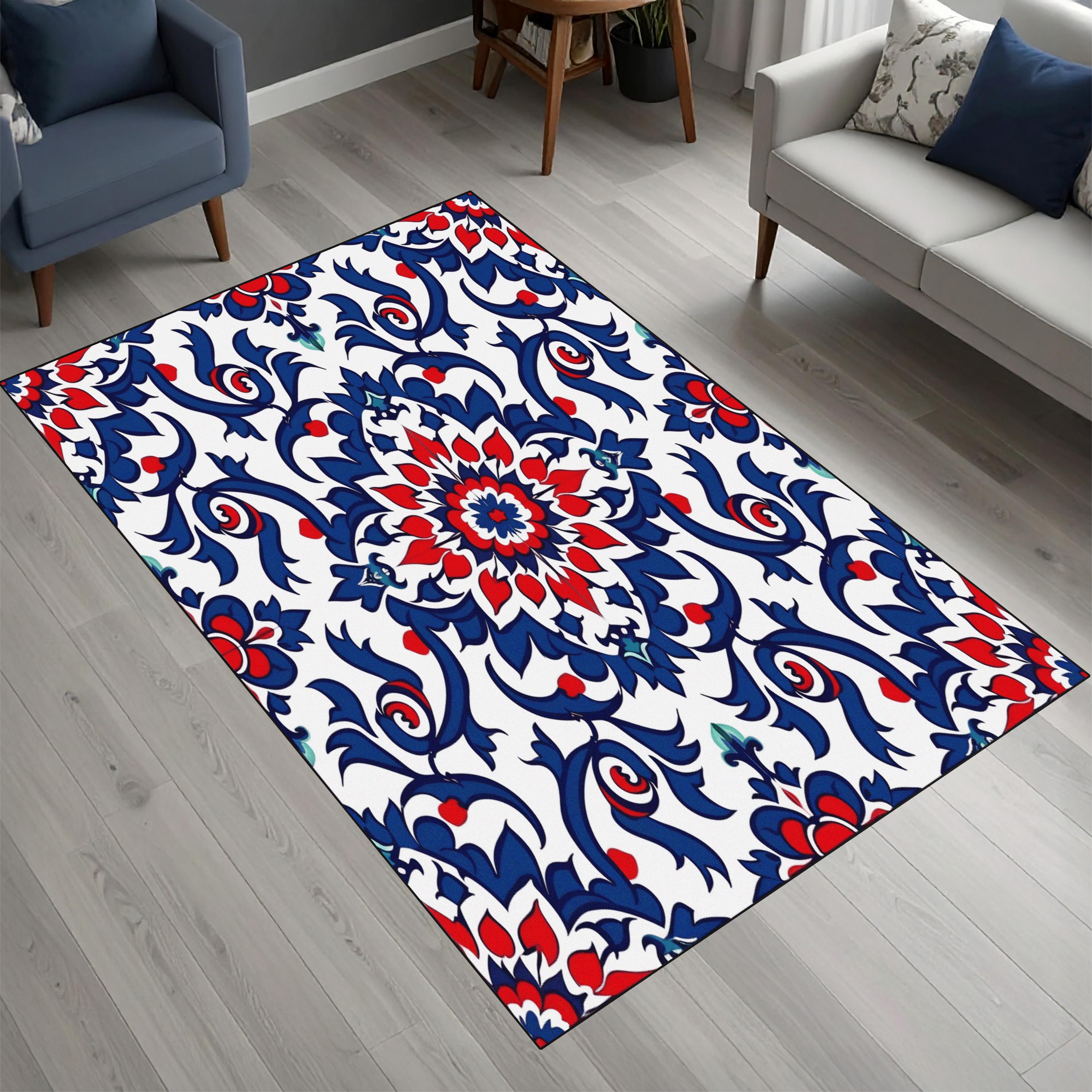Blue and White Oriental Rug, Turkish Tile Pattern Carpet, Red