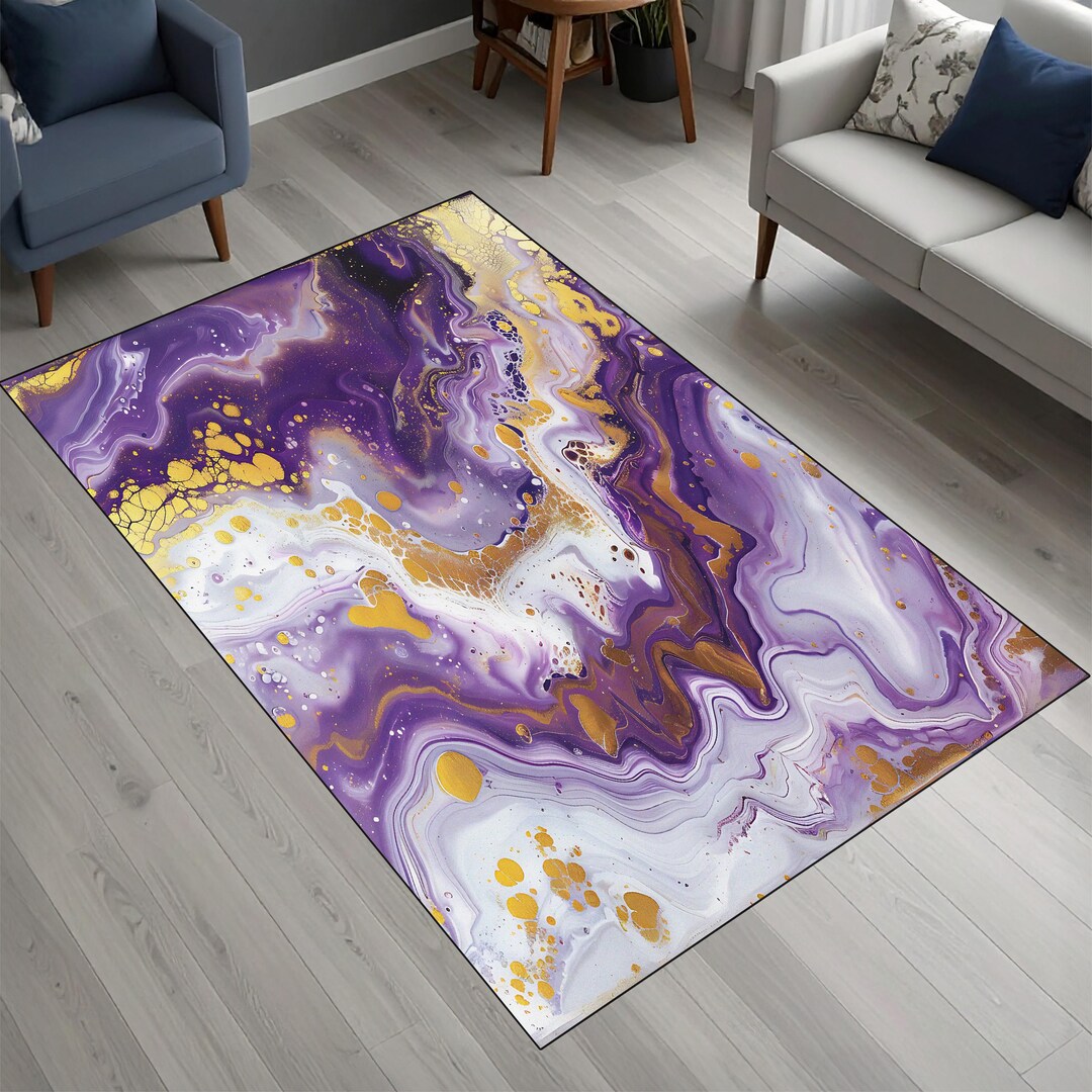 Luxury Purple Marble Area Rug, Gold Accents Fluid Carpet, Modern ...