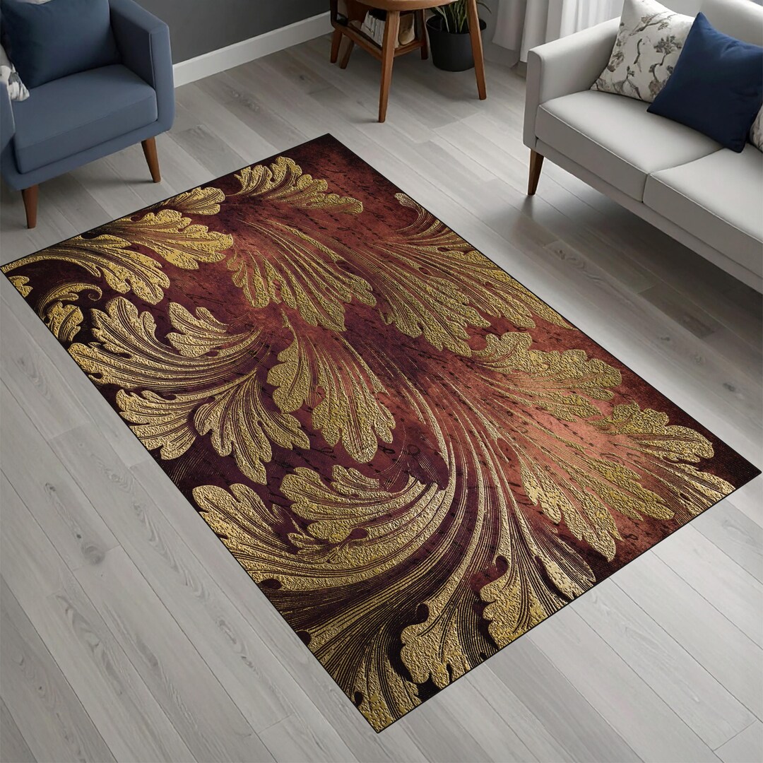 Round Baroque Rug Burgundy Gold Baroque Area Rug, Luxury Vintage Living Room Carpet ...