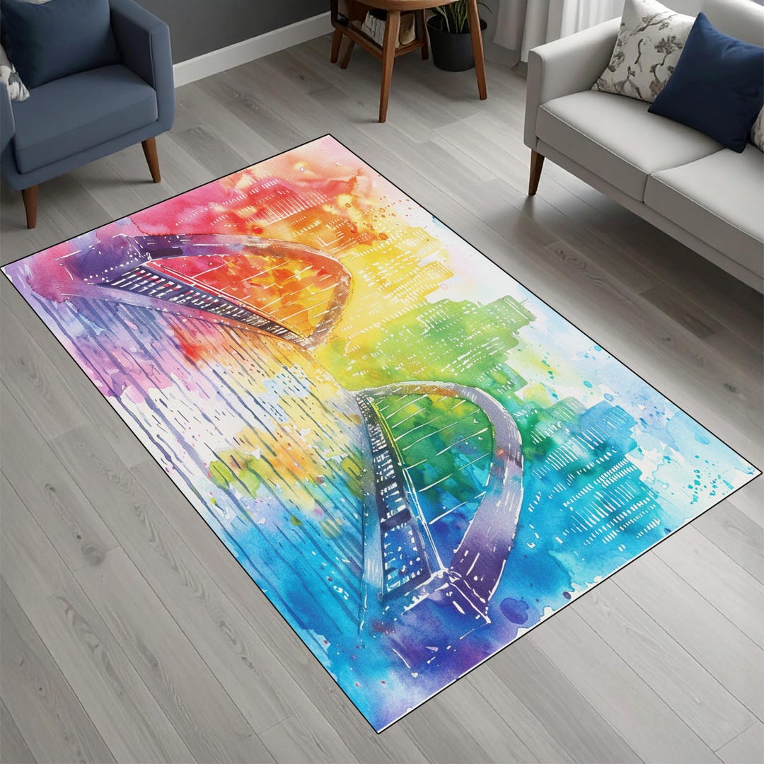 Skyline Rugs Watercolor City Skyline Rug, Abstract Rainbow Urban Area Rug, Colorful ...