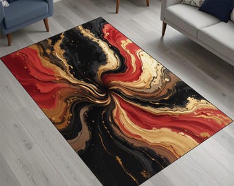 Abstract Living Room Rug, Red Black Gold Marble Pattern Carpet, Modern Fluid  Area Rug,