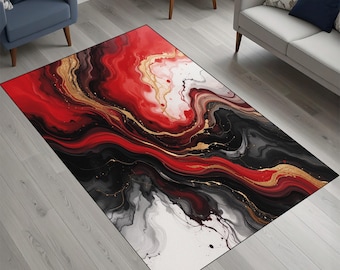 Modern Abstract Rug, Red  Black Gold Marble Area Rug, Liquid Swirl Living Room Carpet,