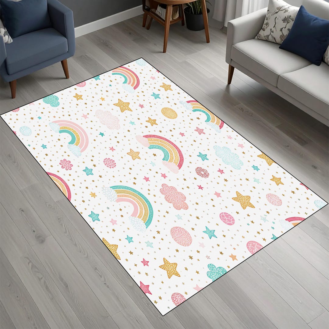 Rainbow Stars Rug, Pastel Nursery Floor Decor, Kids Room Mat, Scandi ...
