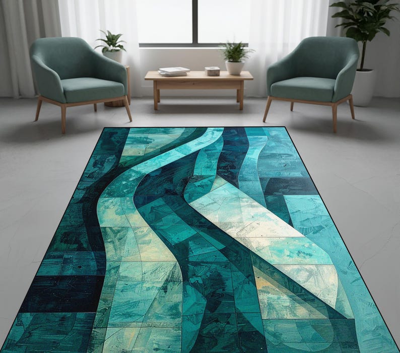 Abstract Teal Area Rug, Modern Geometric Living Room Rug, Turquoise ...