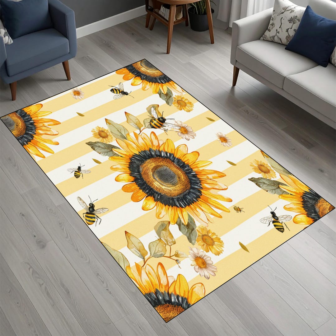 Bee Yellow Rug Sunflower Print Rug, Honey Bee Decor, Striped Yellow Area Rug, Kitchen ...