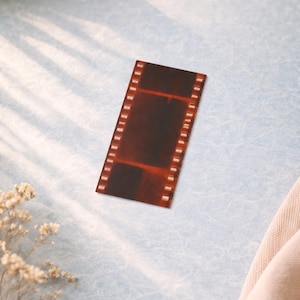 May include: A strip of film with a brown and red color scheme, featuring sprocket holes along the edges. The film strip is positioned diagonally on a light blue surface, with shadows and dried flowers in the background.