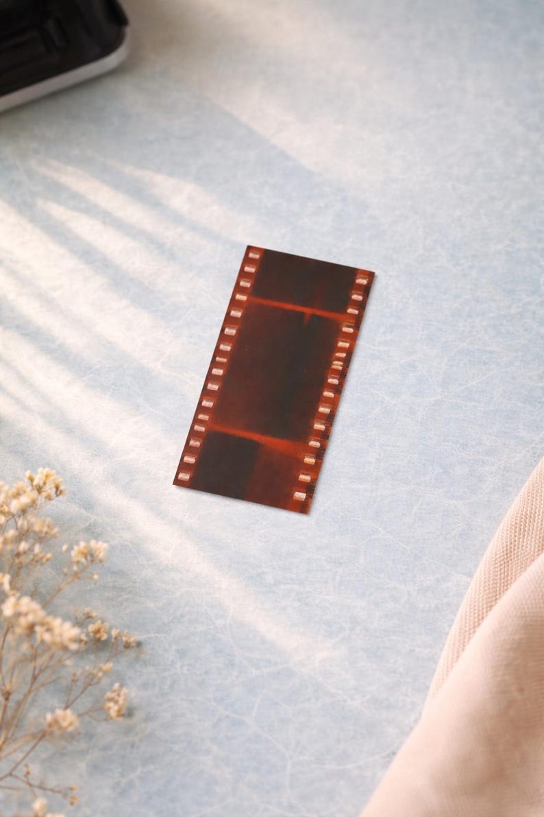 May include: A strip of film with a brown and red color scheme, featuring sprocket holes along the edges. The film strip is positioned diagonally on a light blue surface, with shadows and dried flowers in the background.