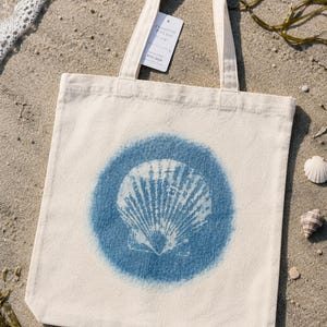 Coastal Tote Bag, Seashell Canvas Tote, Beach Bag, Beach Lover Gift, Cyanotype Inspired Shell Tote, Reusable Market Bag