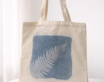 Bolsa de lona con estampado de helecho cianotipo – Bolsa de lona con estampado botánico de sol – Arte único