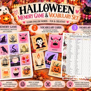 Könnte beinhalten: Ein Halloween-Memory-Spiel und Vokabelset mit 64 Karten mit 32 Motiven, Vokabelkarten und einem Arbeitsblatt. Das Set enthält Illustrationen von Vampiren, Monstern, Kerzen und Kürbissen mit Textbeschriftungen in einem herbstlichen Design.